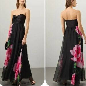 One33 Social Chiffon Strapless Gown Maxi Dress Floral Sweetheart Black